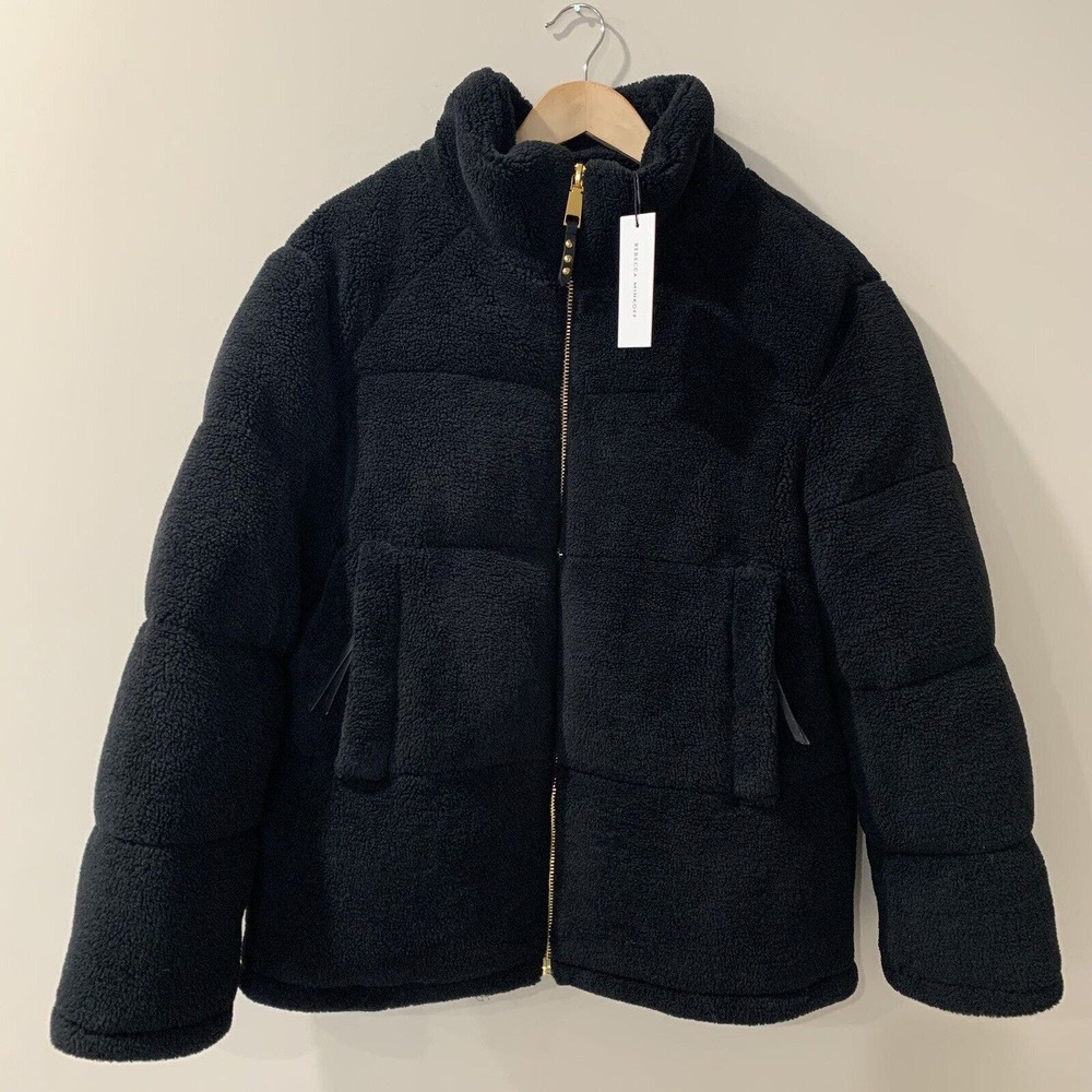REBECCA MINKOFF Black Jacket Puffer Coat $368 Teddy Fuzzy Size M Zip RM-982
